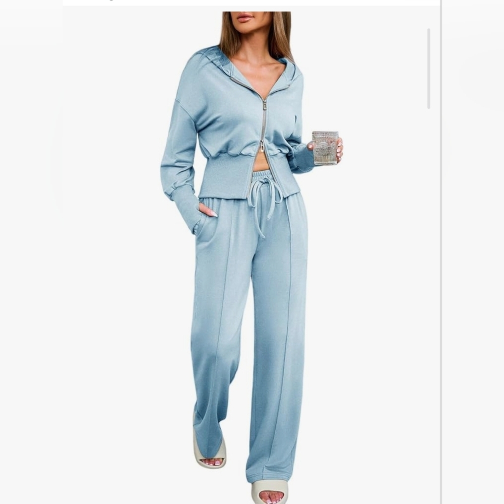 2 Piece Casual Outfit Hoodie Sweatsuit Track Suit Loungewear  Sky Blue Size XXL